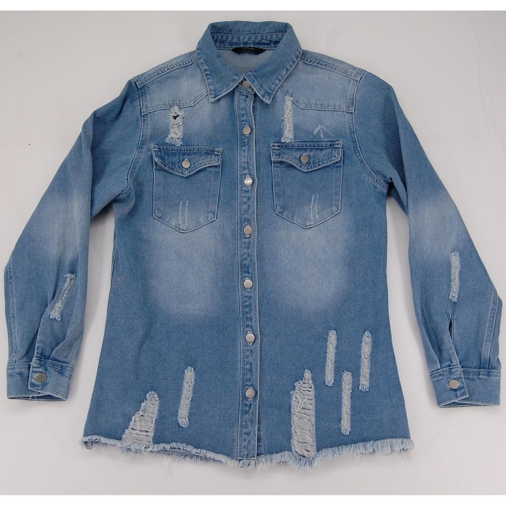 Dokotoo Jean Jacket Womens Small Blue Distressed Denim Frayed Hem Long Sleeve